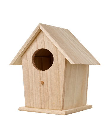 Close up of a small bird house with a little Sparrow resting on it in garden.