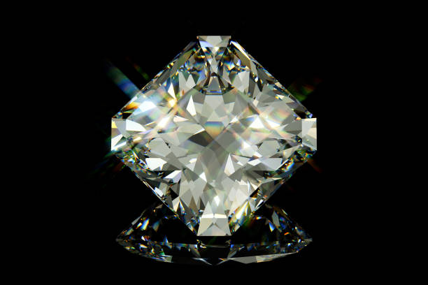 istock Sparkling radiant cut diamond on black glossy background 1140547349