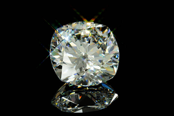 istock Sparkling cushion cut diamond on black glossy background 1140547382