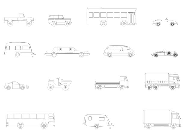 Set with contours of cars. Buses, cars, limousine, trucks. Side view. Vector illustration Set with contours of cars. Buses, cars, limousine, trucks. Side view Vector illustration truck drawings stock illustrations