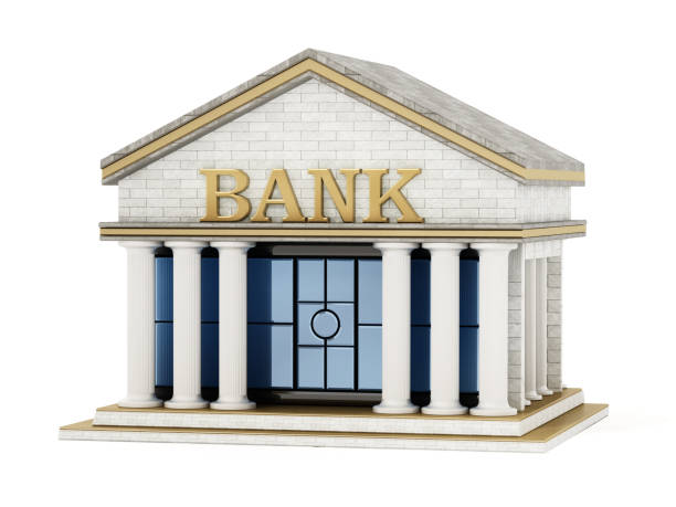 Fictitious bank building isolated on white stock photo