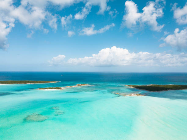 aerial view of exuma at the bahamas. summer vacation - sandbar imagens e fotografias de stock