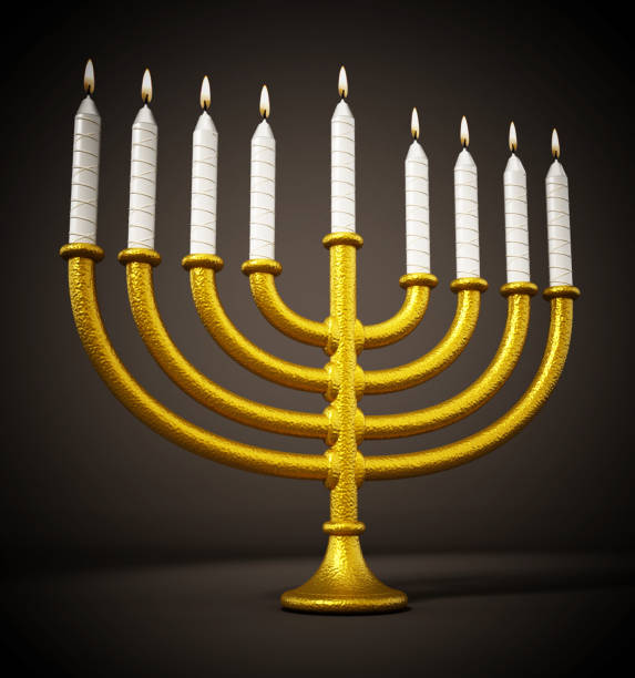 istock Hanukkah candlestick with burning white candles standing on black 1140549546