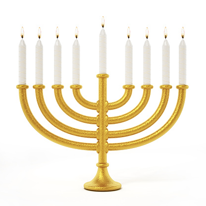 Hanukkah candlestick with burning white candles isolated on white.