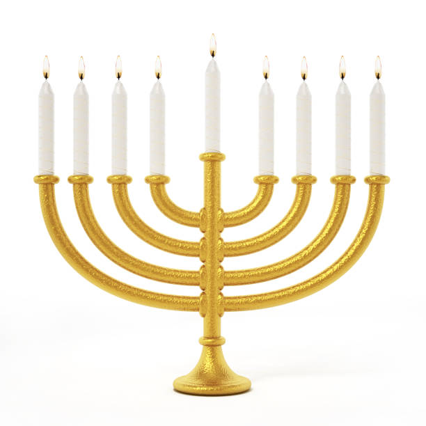 hanukkah candlestick with burning white candles isolated on white - hanukkah candles imagens e fotografias de stock