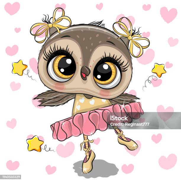 Cartoon Owl Ballerina On A Hearts Background Stock Illustration - Download Image Now - Cute, Dancing, Art