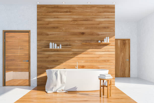 istock White and wood bathroom interior, tub 1140551164