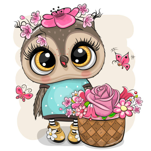 Cartoon Owl with flowers on a white background Cute Cartoon Owl with flowers on a white background pink owl stock illustrations