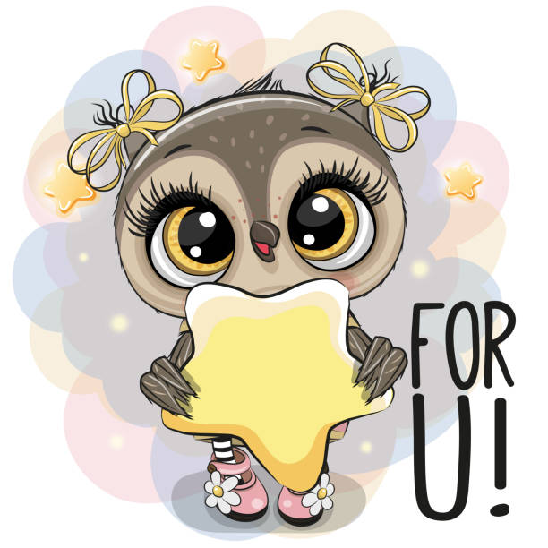 Cartoon Owl girl with star on the stars background Cute Cartoon Owl girl with star on the stars background pink owl stock illustrations
