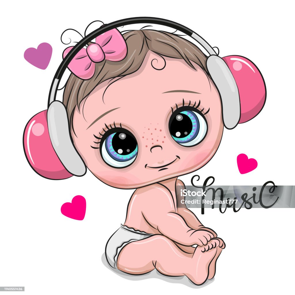 Cute Cartoon Baby Girl With Headphones On A White Background Stock ...