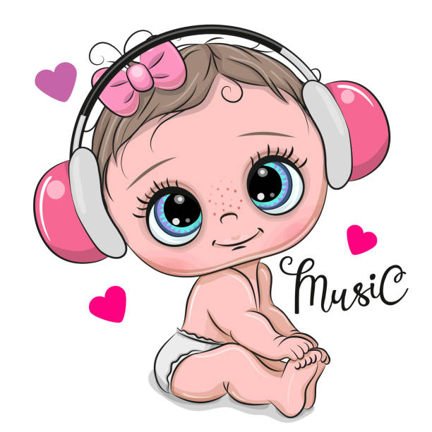 Cute Cartoon Baby Girl With Headphones On A White Background Stock  Illustration - Download Image Now - iStock