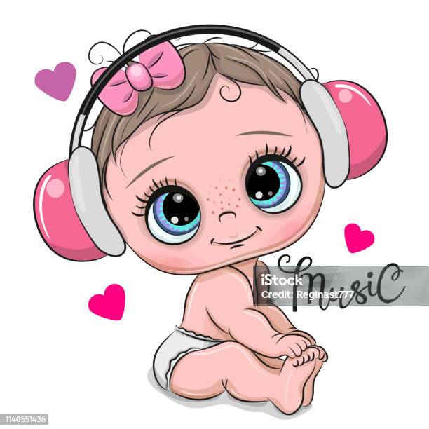 Cute Cartoon Baby Girl With Headphones On A White Background Stock  Illustration - Download Image Now - iStock