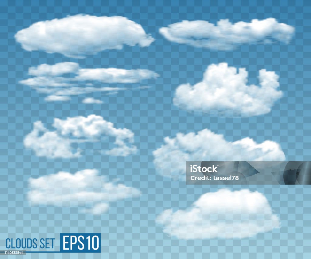 Set of realistic transparent cloudsin blue sky Collection of realistic transparent clouds. Vector illustration EPS10 Cloud - Sky stock vector