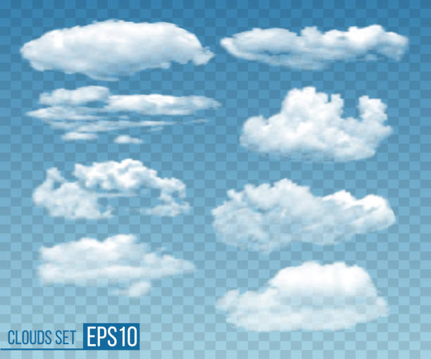 Set of realistic transparent cloudsin blue sky Collection of realistic transparent clouds. Vector illustration EPS10 cloudscape stock illustrations