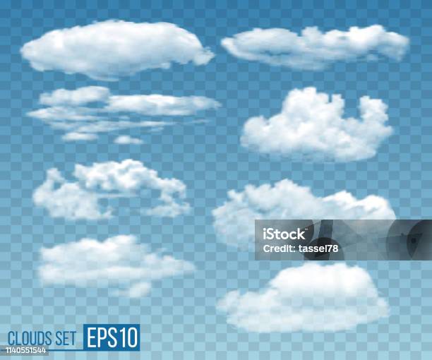 Set Of Realistic Transparent Cloudsin Blue Sky Stock Illustration - Download Image Now - Cloud - Sky, Cloudscape, Transparent