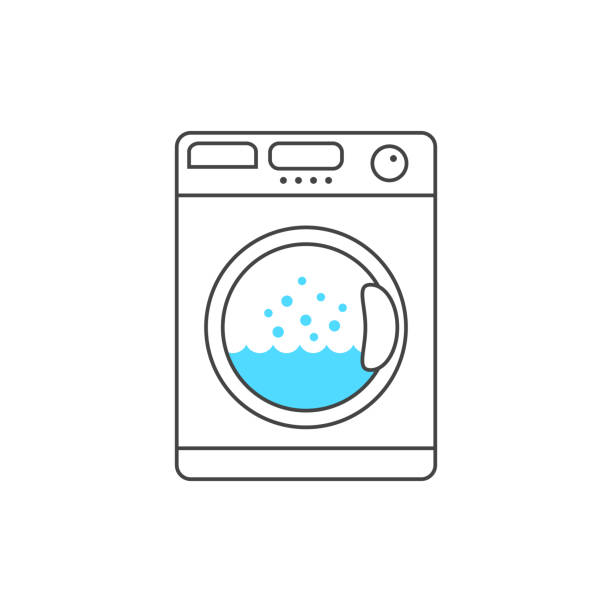 dünne waschmaschine mit blauer blase - waschmaschine stock-grafiken, -clipart, -cartoons und -symbole