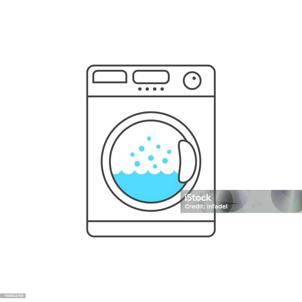파란 거품을 가진 얇은 선 세탁기 - 로열티 프리 세탁기 벡터 아트
