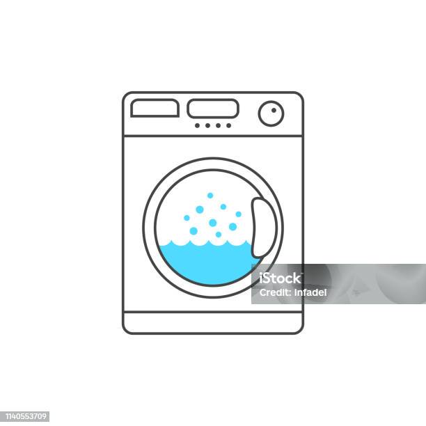 파란 거품을 가진 얇은 선 세탁기 세탁기에 대한 스톡 벡터 아트 및 기타 이미지 - 세탁기, 빨래, 빨래방