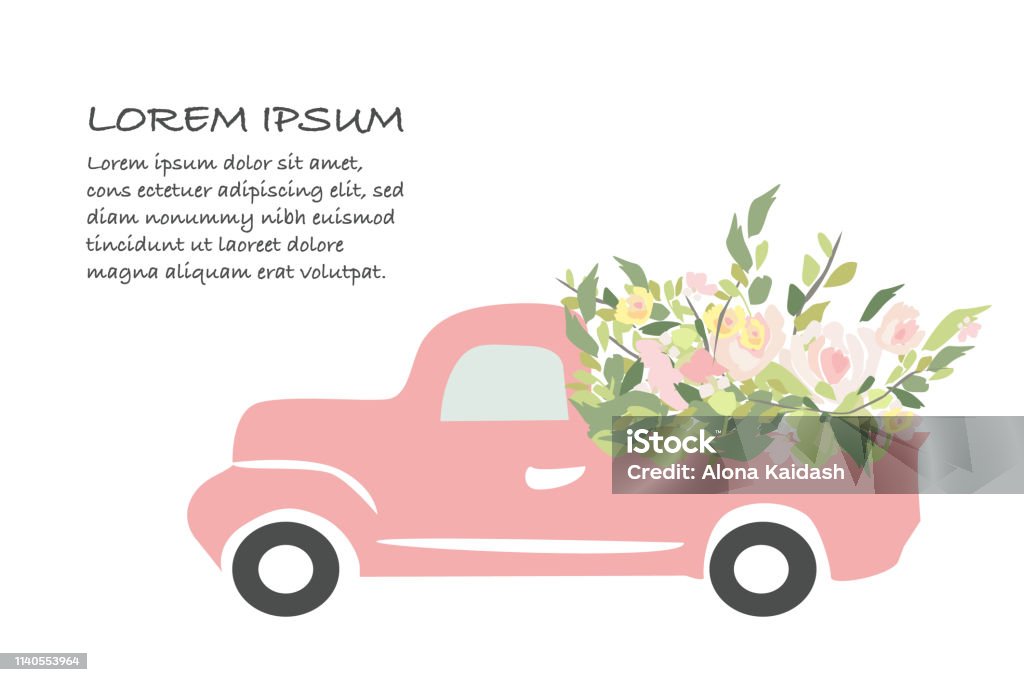Vintage car with flowers. Engraving style. Vector illustration. Wedding car Pick-up Truck stock vector