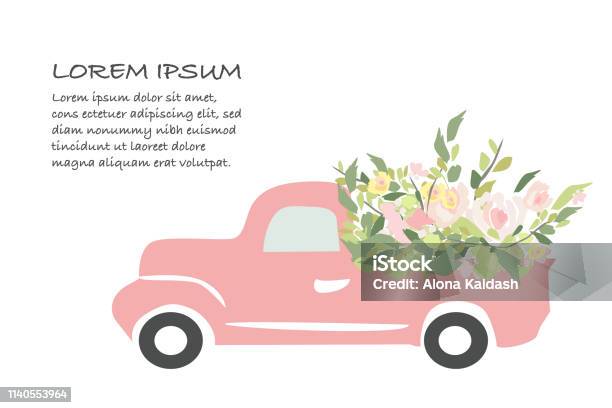 Vintage Car With Flowers Stock Illustration - Download Image Now - Pick-up Truck, Flower, Retro Style