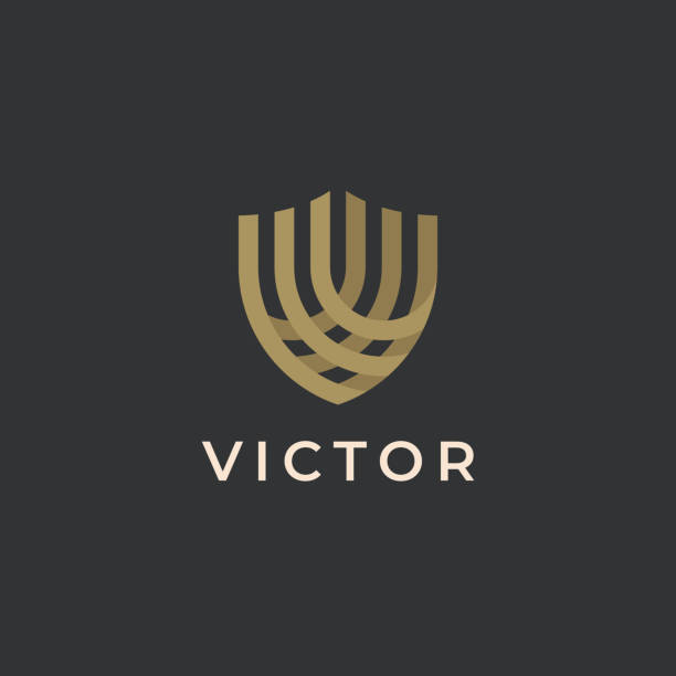 ilustrações de stock, clip art, desenhos animados e ícones de premium letter v victory symbol design. shield shape. protection security guard symbol. luxury abstract linear business symboltype. creative elegant vector monogram. - solid gold