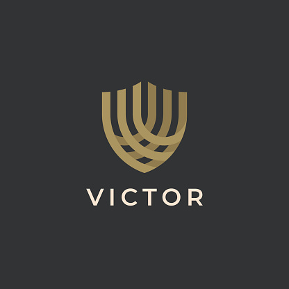 Premium letter V victory symbol design. Shield shape. Protection security guard symbol. Luxury abstract linear business symboltype. Creative elegant vector monogram.
