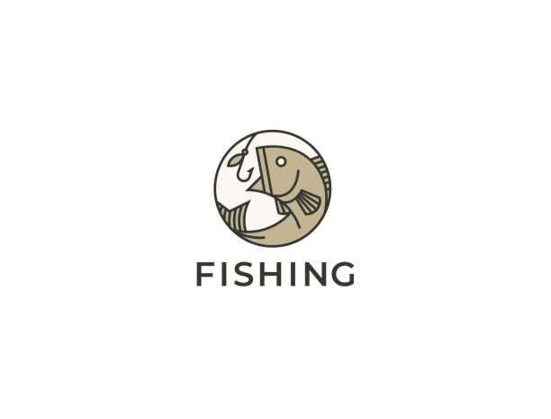 ilustrações de stock, clip art, desenhos animados e ícones de modern linear fish and fishing hook icon. fishing symbol. seafood, shop, store, restaurant, fishing logotype. - animal catch of fish catching sport