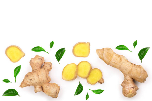 istock fresh Ginger root and slice isolated on white background with copy space for your text. Top view. Flat lay 1140556768