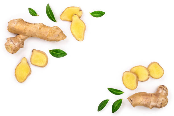 istock fresh Ginger root and slice isolated on white background with copy space for your text. Top view. Flat lay 1140556775