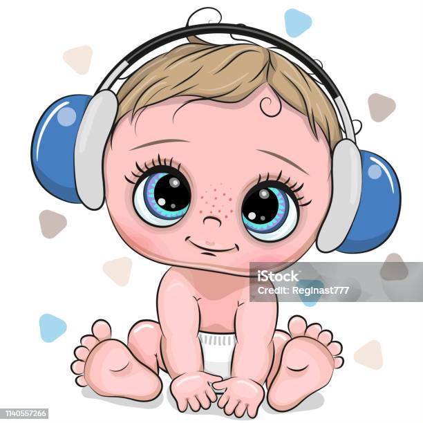 Cute Cartoon Baby Boy With Headphones On A White Background Stock  Illustration - Download Image Now - iStock