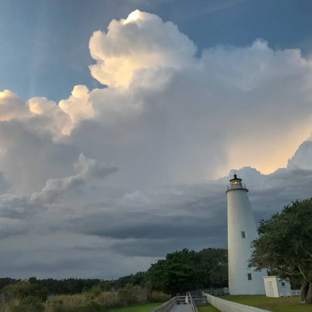 istock Dramatic clouds and sky with Ocracoke Island lighthouse 1140557819