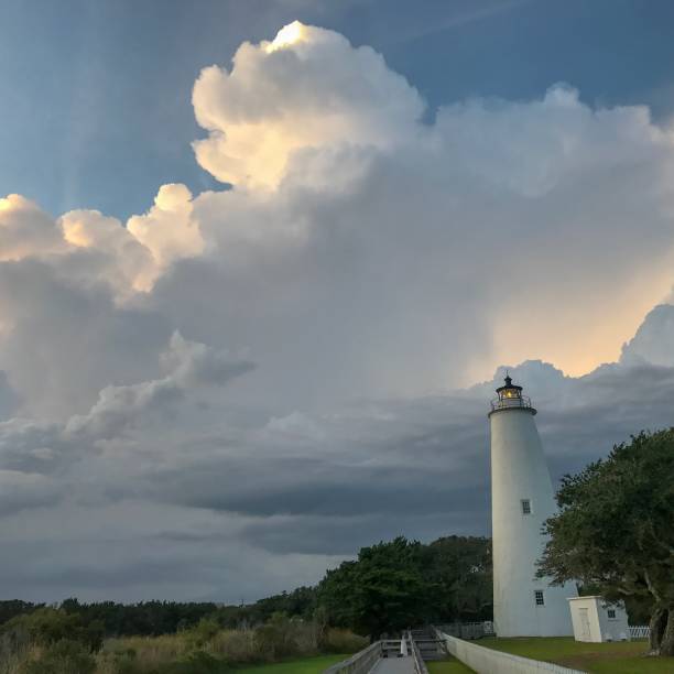 Dramatic clouds and sky with Ocracoke Island lighthouse Ocracoke Island lighthouse ocracoke lighthouse stock pictures, royalty-free photos & images