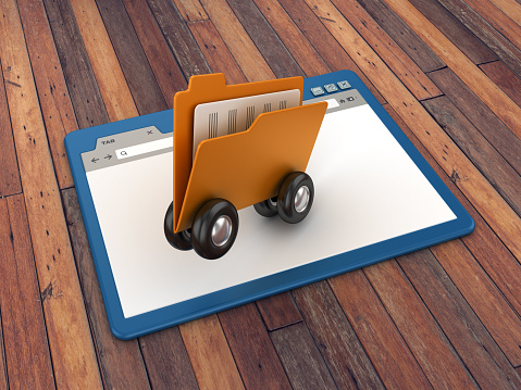 Web Browser with Computer Folder on Wheels on Wood Floor Background  - 3D Rendering