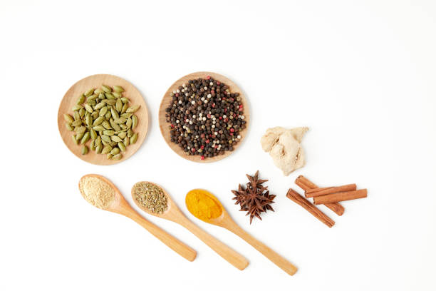 spices and herbs i̇solated on white background - cardamom spice indian culture isolated imagens e fotografias de stock