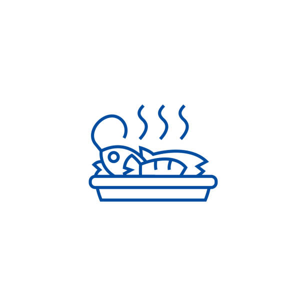Fried fish, lunch line icon concept. Fried fish, lunch flat vector symbol, sign, outline illustration. Fried fish, lunch line concept icon. Fried fish, lunch flat vector website sign, outline symbol, illustration. fish fry icon stock illustrations