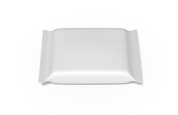 blank white foil food snack sachet tasche für chips, kaffee, salz, zucker, pfeffer, gewürze, sachet, süßigkeiten und cookies. mock up template on isolated white background, 3d illustration - blank paper bag packaging package stock-fotos und bilder