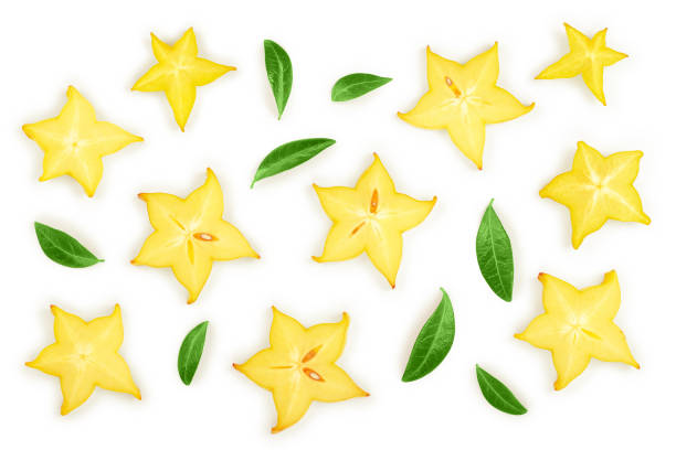 istock Carambola or star-fruit slice isolated on white background. Top view. Flat lay 1140561941