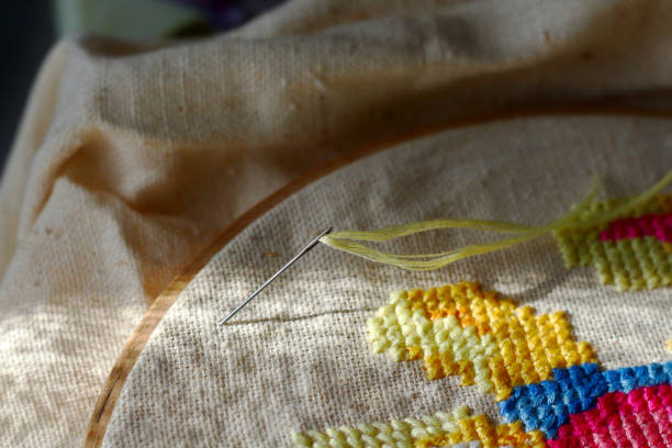 istock Cross stitch on canvas with a needle and thread. Embroidery process and sewing 1140564238
