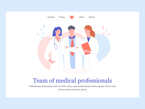 Concept landing page template. Team of medical professionals. Three doctors are standing nearby. Vector illustration.