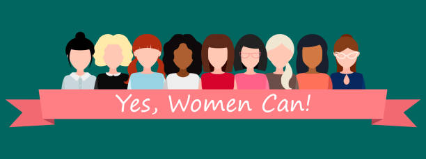 Yes, women can! Symbol of female power, woman rights, protest, feminism. Vector. Yes, women can! Strong girl. Symbol of female power, woman rights, protest, feminism. Vector illustration. Group of positive women without a face, United by a pink ribbon rosie the riveter cartoon stock illustrations
