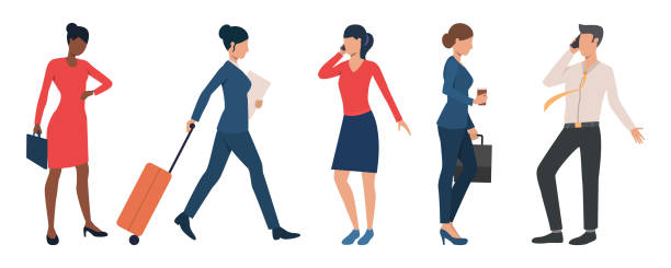 Set of business representatives hurrying to meetings Set of business representatives hurrying to meetings. Crowd of female and male executives on move. Vector illustration can be used for trip, business travel, time management priority baggage tag stock illustrations