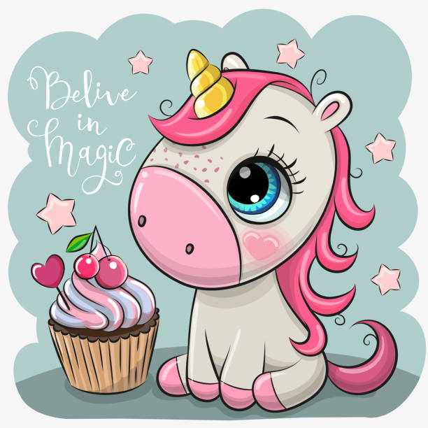 ilustrações de stock, clip art, desenhos animados e ícones de cartoonl unicorn with cupcake on a blue background - 5470