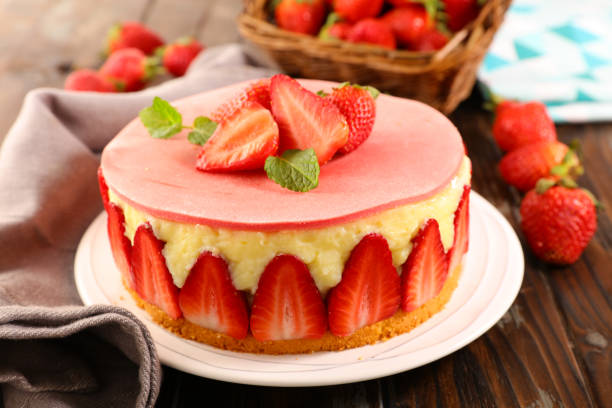 istock delicious strawberry cake on wood background 1140572569