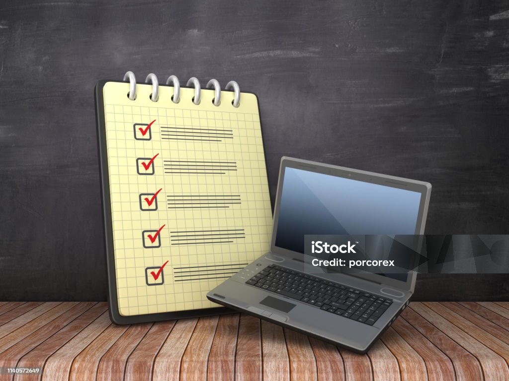 Checklist Notepad Software For Pc Check List Note Pad With Computer Laptop On Chalkboard Background 3d ...
