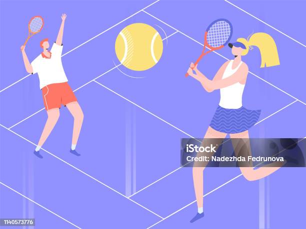 Ilustración de El Hombre Y La Mujer Juegan Al Tenis En La Cancha y más Vectores Libres de Derechos de ATP World Tour - ATP World Tour, Abierto, Atleta - Papel social