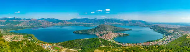 Aerial view of greek town Kastoria surrounded by Orestiada lake