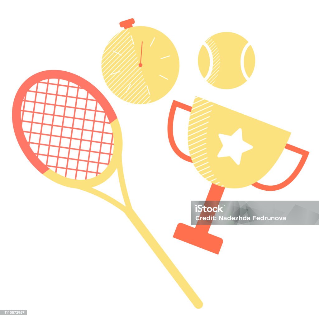 Juego de equipamiento deportivo: raqueta de tenis, pelota, cronómetro y Copa ganadora. - arte vectorial de ATP World Tour libre de derechos