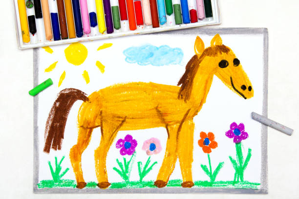 istock Colorful drawing: cute smiling horse in the pasture 1140574941