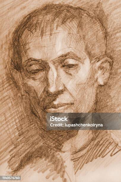 Fashionable Illustration Modern Work Of Art My Original Pencil Sepia Drawing On Paper Vertical Portrait Impressionism Face Of An Elderly Thoughtful Tired Man Stock Illustration - Download Image Now