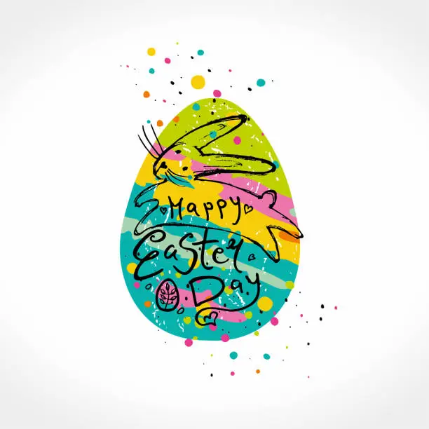 Vector illustration of Happy Easter funny illustration. Vector template with gift easter egg and colorful sweet dressing illustration imitating pen drawing.
